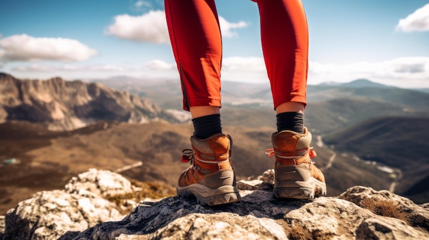 현대적인 트레킹과 등반 부츠를 입은 여성 하이커 다리가 산의 바위에서 생성 AI