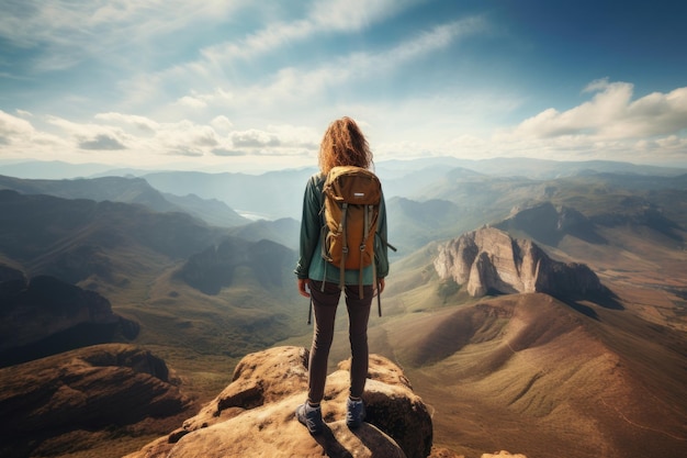 Female hiker at mountain peak overlooking vast landscape