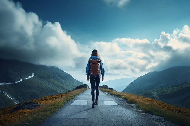 Photo female hiker standing on mountain road against blue cloudy sky