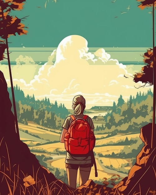 A female hiker with a backpack admires the view Illustration Generative AI