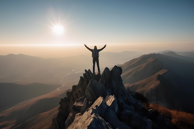 Female hiker with backpack raised her hands celebrating successful climb to top of mountain neural