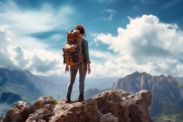 Female hiker with backpack standing on top of rock with mountains and blue sky background