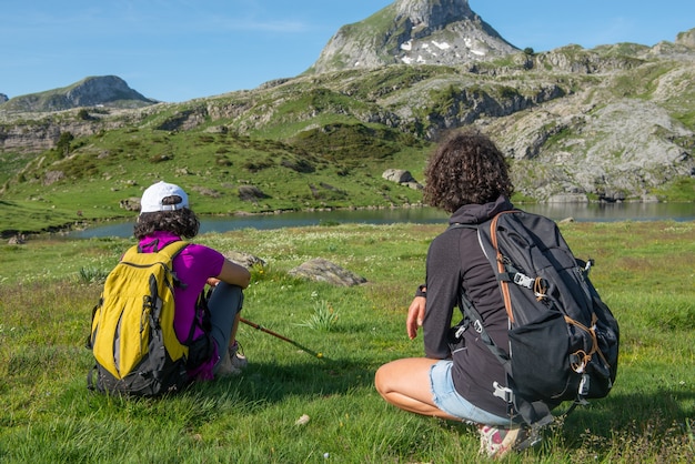 Female hikers resting in the mountain