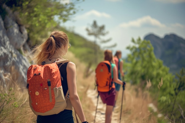 Female hikers with backpacks on a mountain trail