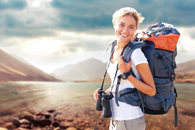 Female hiking woman happy