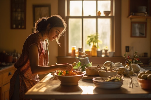 Foto donna ispanica di mezza età che cucina un pasto in cucina generative ai aig23