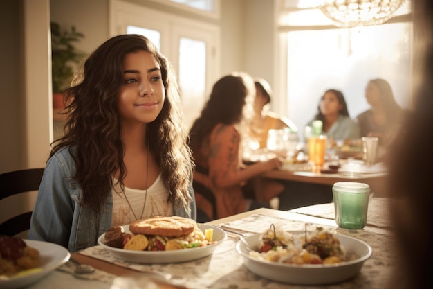 Female Hispanic teenager socializing dining room light conversation Generative AI AIG23