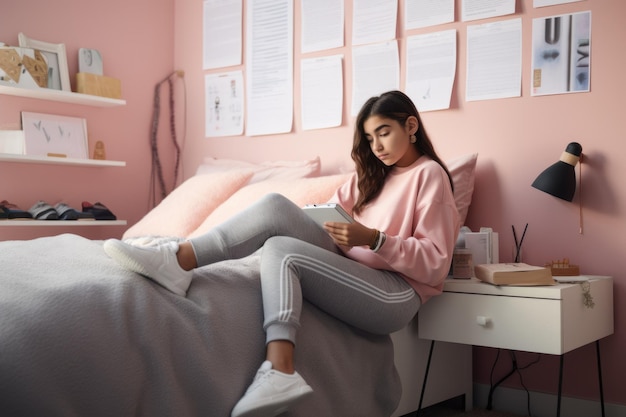 Female Hispanic teenager studying in bedroom study smart Generative AI AIG23