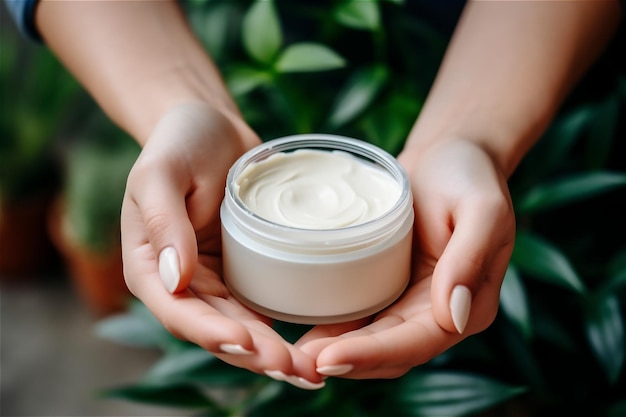 Female holding a pot with hand body face cream in her hands close up woman uses body care cream