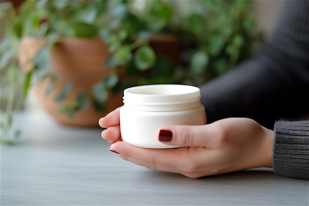 Female holding a pot with hand body face cream in her hands close up woman uses body care cream