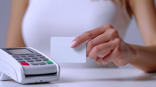 Foto una donna che tiene una carta di credito bianca in negozio o al di fuori di un modello con spazio generative ai