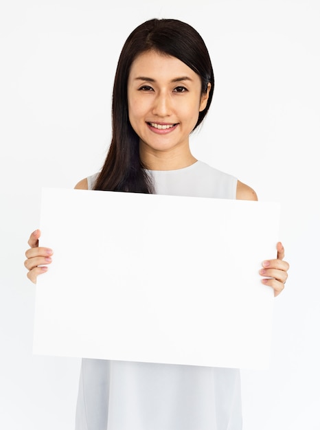 Female Holding White Blank Placard Concept