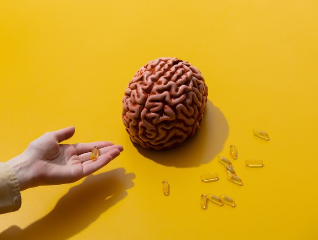 Female holds pills near brain on yellow surface