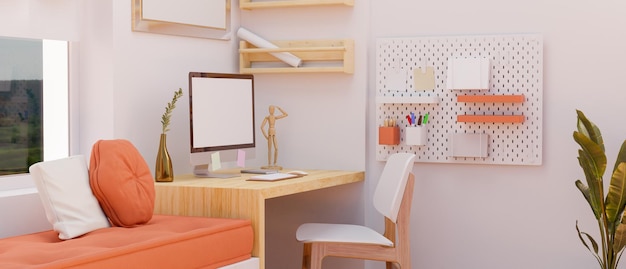 Female home workspace with white and pink decoration PC desktop computer mockup on wood table