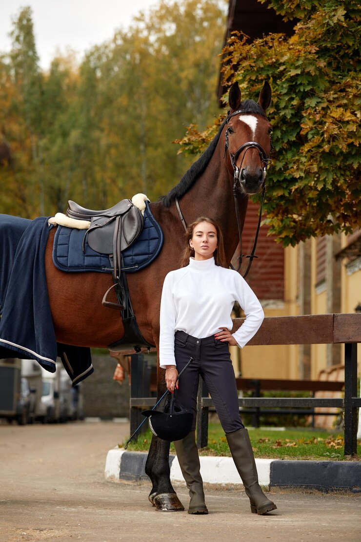 Photo female horseman going with her brown thoroughbred horse in stable concept of animal care rural rest and leisure idea of green tourism young european woman wearing helmet and uniform