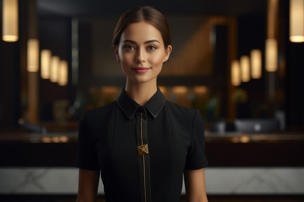 Photo female hotel receptionist standing in front of the hotel reception counter on a bokeh style background