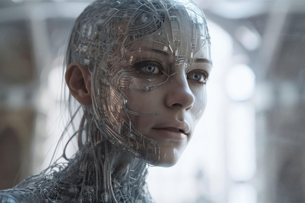 Женщина-человек 500 лет в будущем, созданная с помощью генеративной технологии искусственного интеллекта.