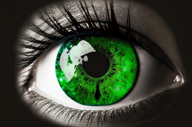 Female human eye circled with bright green shadows