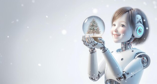 Female humanoid robot holding a snow globe on snow background