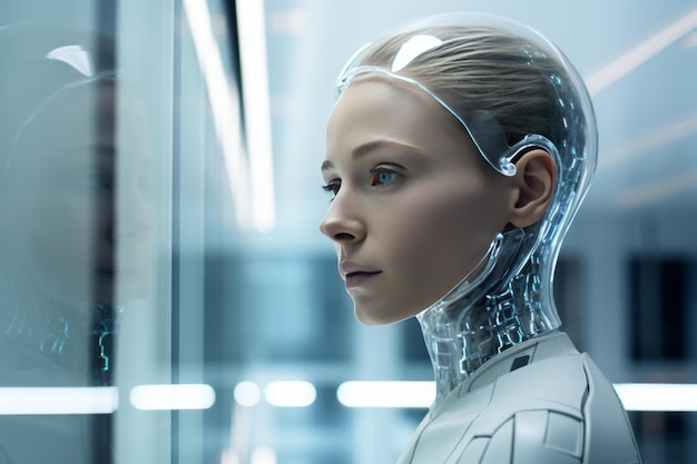 A female humanoid robot is looking around