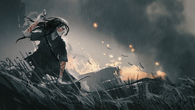 a female hunter with bow in battlefield, digital art style, illustration painting