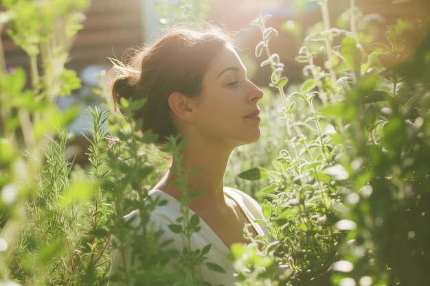 写真 香りのある植物に囲まれた静かなハーブガーデンにいる女性