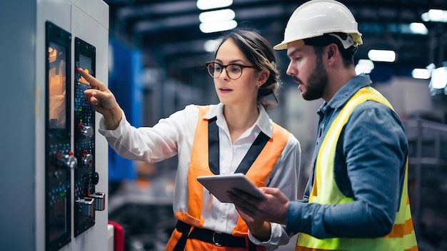 Foto impiegata industriale che insegna a un collega a far funzionare una macchina puntando alla scheda di controllo utilizzando