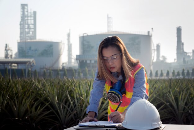 Photo female industrial engineer in a hard hat  working on oil-refinery and power plant site ,industry ,engineer and safety concept .