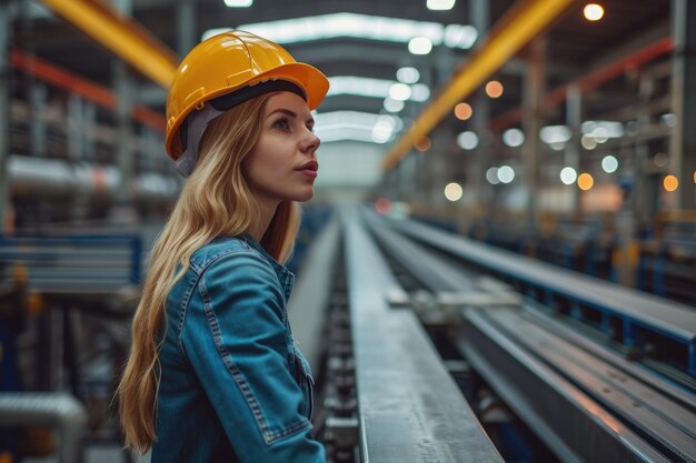 A female industrial worker is donning a safety helmet Generative Ai