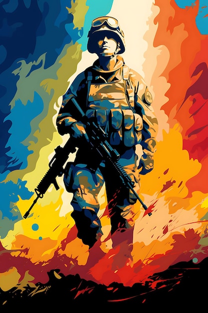 Female infantry soldier leading a charge a mix of warm and c poster design 2d a4 creative ideas