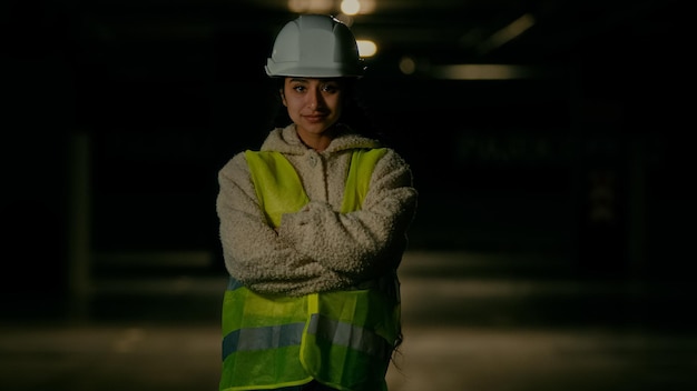 female inspector builder woman in protective helmet looking at camera working at industrial factory