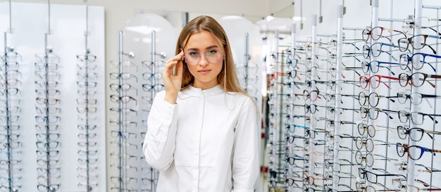 Female is standing with raw of glasses in background in optical shop. Stand with spectacles. Eyesight correction. Girl in glasses is posing to the camera.