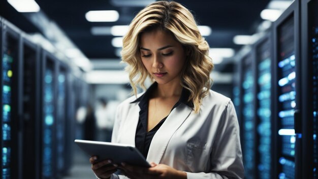 Female IT Specialist Uses Tablet in Data Center