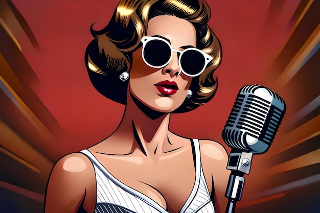 Female jazz singer with sunglasses and retro microphone generative ai illustration