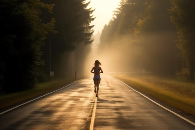 田舎道でジョギングトレーニングをする女性
