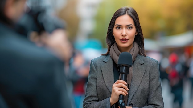 Photo a female journalist is reporting news holding a microphone and looking into the camera