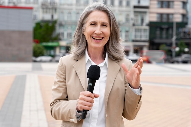 Photo female journalist working outdoors