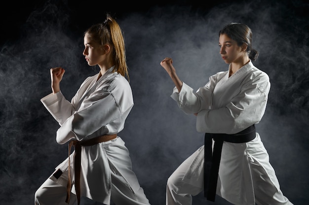 Female karatekas, training in white kimono, combat stance in action. Karate fighters on workout, martial arts, women fighting competition