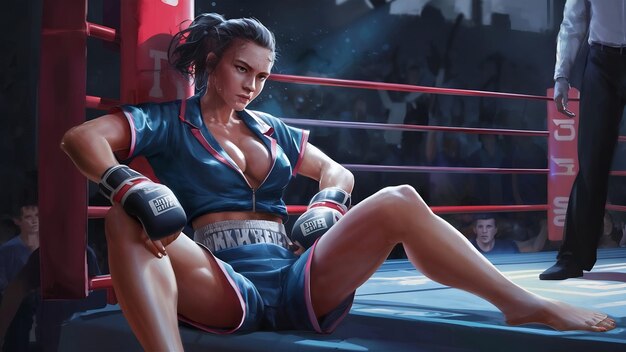 Female kickboxer resting on ring corner