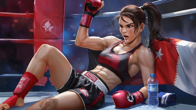 Female kickboxer resting on ring corner