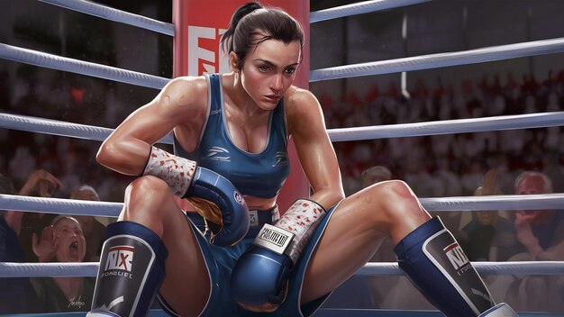 Female kickboxer resting on ring corner