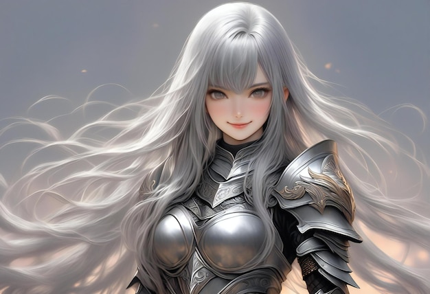 A female knight in armor on gray background