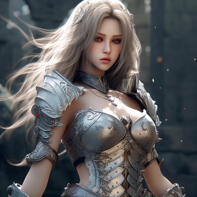 a female knight with a silver cape and silver armor