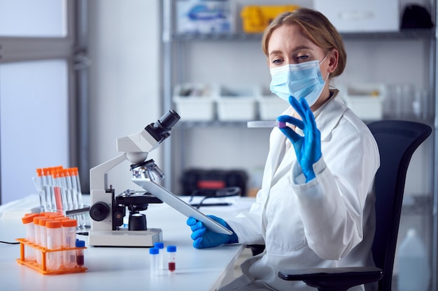 Female lab worker wearing lab coat working on covid19 vaccine
with digital tablet and microscope