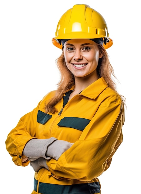 Female Labor worker with yellow outfit on isolated white background