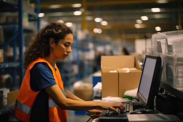 Foto lavoratrice al banco dei computer del magazzino