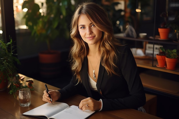 Female lawyer in suit at workplace with laptop