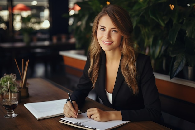 Female lawyer in suit at workplace with laptop