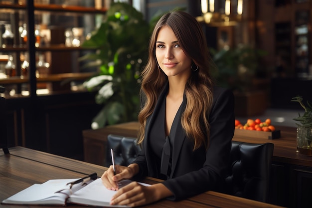 Female lawyer in suit at workplace with laptop