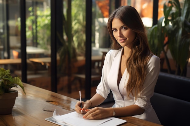 Female lawyer in suit at workplace with laptop